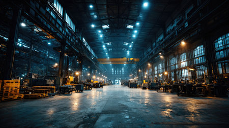A stunning view of a large industrial warehouse featuring high ceilings, dim lighting, and an empty floor, evoking a sense of grandeur and solitude.の素材