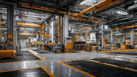 A striking view of a modern industrial factory interior showcasing yellow and gray design elements, advanced machinery, and well-organized equipment for efficient production and manufacturing processes.の素材