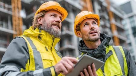 Two construction workers in safety gear discuss project plans at a building site. They highlight the importance of teamwork and safety in construction.の素材
