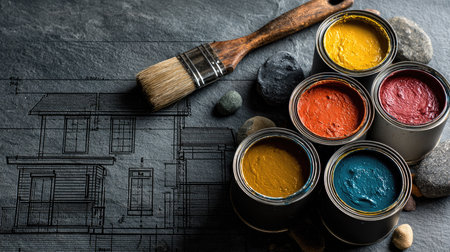 A visually appealing arrangement of colorful paint cans, a brush, and smooth stones on a textured slate surface, paired with a house sketch. Perfect for renovation projects.の素材