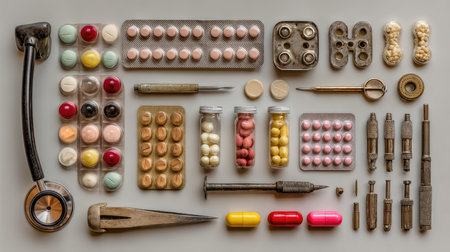 Explore a visually appealing arrangement of vintage pharmaceutical tools and colorful pills, showcasing a creative display of historical healthcare items.の素材