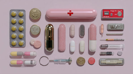 An aesthetically pleasing arrangement of various pills, capsules, and medical supplies on a soft pink background. Perfect for concepts in health and wellness.の素材