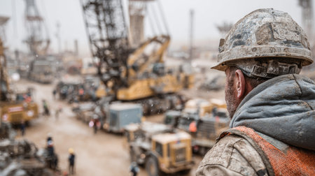 A construction worker surveys a busy site filled with heavy machinery and vehicles, showcasing the dynamic environment of industrial labor under challenging weather conditions.の素材