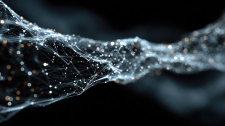 This abstract image showcases an intricate network of glowing particles and lines flowing through a dark space, symbolizing digital connectivity and innovation.の素材