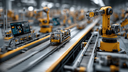 This image showcases advanced robotic automation in a modern manufacturing facility, highlighting intelligent machinery and efficient workflows in action.の素材