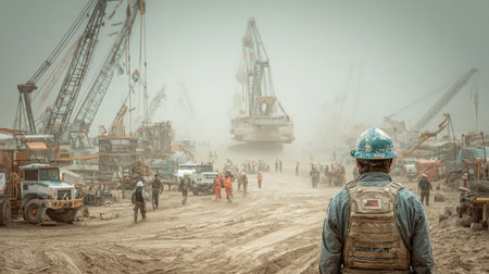 A construction worker stands in a dusty industrial landscape, observing heavy machinery at work. The scene captures the essence of labor, teamwork, and ongoing development in a challenging environment.の素材