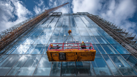 Two construction workers clean the glass facade of a modern building while suspended from a platform, showcasing teamwork and safety in urban development.の素材