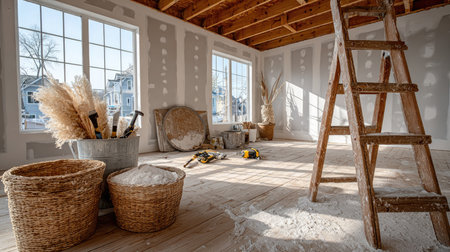 A beautifully lit, unfinished room showcasing wooden flooring and a ladder, surrounded by decor elements and renovation tools, inviting creativity.の素材