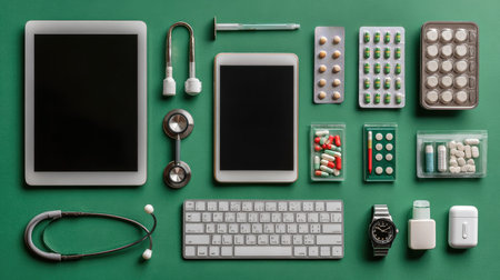 A flat lay image showcasing a modern collection of digital health technology, medical supplies, and accessories arranged neatly on a green background.の素材