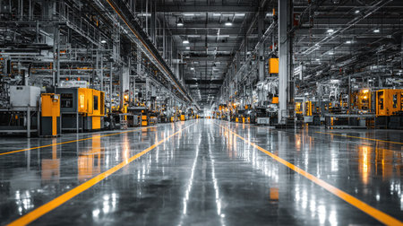 A striking view of a modern industrial factory showcasing yellow machinery lined along a reflective floor, emphasizing innovation and efficiency in design.の素材