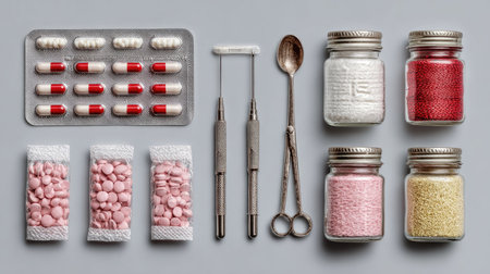 This image features a colorful arrangement of pills, capsules, jars, and medical tools on a grey surface, showcasing the essentials for healthcare and pharmacy.の素材