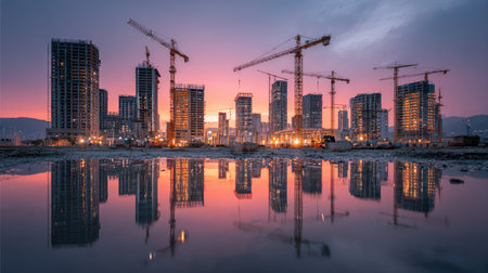 A vibrant scene of an urban construction site during sunset, featuring cranes and modern buildings reflecting in calm water, showcasing industrial progress.の素材