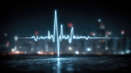 This striking image features a glowing heartbeat pulse signal against a dark city background, blending elements of technology and health. Perfect for medical, wellness, and urban themes.の素材