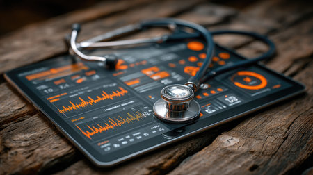 This image features a medical tablet displaying health data analytics alongside a stethoscope on a rustic wooden surface, symbolizing modern healthcare integration.の素材