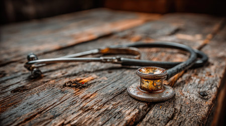 A close-up image of a vintage stethoscope resting on a rustic wooden surface. The warm lighting highlights its metallic details and textures, creating an inviting feel.の素材