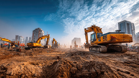 Dynamic construction site featuring heavy machinery, including excavators and bulldozers, working diligently on urban building development under a blue sky.の素材