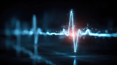This image depicts a vibrant, pulsing heartbeat line in blue, symbolizing health and technology, perfect for medical and scientific themes.の素材