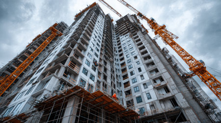 This image captures an urban construction site showcasing towering cranes, workers in safety gear, and modern residential buildings under an overcast sky.の素材
