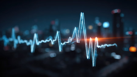 A stunning digital visualization showcasing audio waveforms illuminated against a modern city skyline at night. Perfect for technology and music themes.の素材