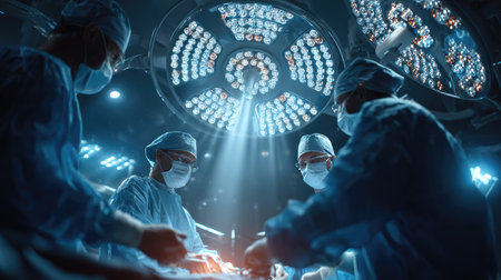 A dynamic scene captures surgeons working collaboratively in a modern operating room, showcasing advanced medical technology and bright surgical lights, emphasizing teamwork and precision in patient care.の素材