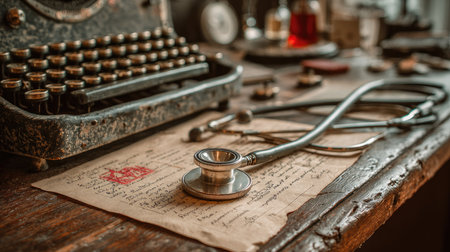 An artistic composition featuring a vintage typewriter and a stethoscope on an antique wooden desk surrounded by historical medical documents, embodying nostalgia.の素材