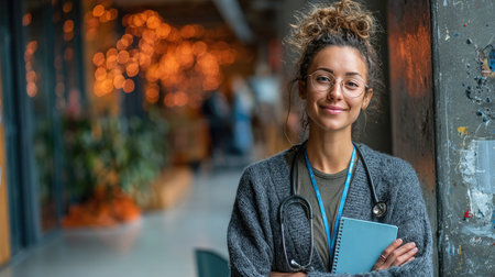 A cheerful female doctor stands confidently in a modern hospital environment. She holds a notepad and wears a stethoscope, showcasing her professional demeanor.の素材
