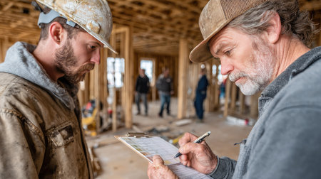 Two construction workers discuss plans at a building site, emphasizing collaboration and attention to detail in a dynamic work environment.の素材