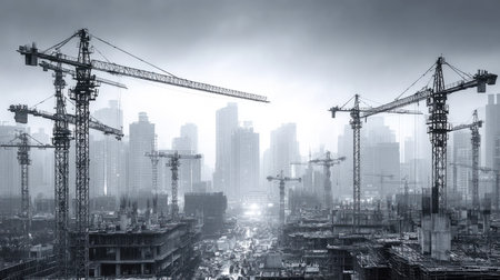 A dramatic urban construction scene featuring numerous cranes against a city skyline. The overcast sky adds a moody atmosphere to the bustling worksite.の素材