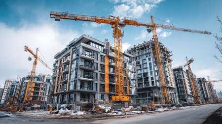 An expansive construction site featuring multiple tower cranes and modern apartment buildings in various stages of development under a blue sky.の素材