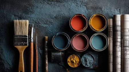 This image showcases a well-organized artistic workspace featuring paint cans, brushes, and blueprints against a textured dark background, perfect for design inspiration.の素材