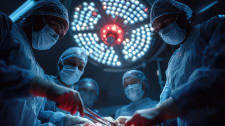 A dedicated surgical team conducts a complex operation in a well-lit hospital operating room, showcasing the precision and collaboration necessary for successful healthcare procedures.の素材