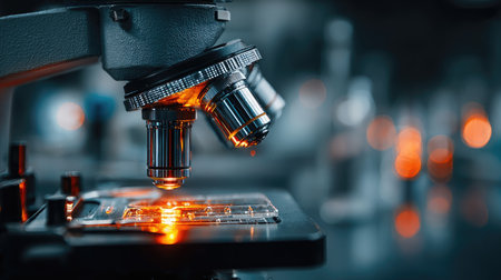 A detailed close-up of a modern microscope capturing the illuminated slide, showcasing vibrant orange lights and intricate features in a laboratory environment.の素材