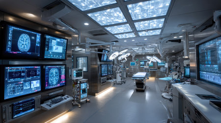 A state-of-the-art surgical room equipped with multiple monitors displaying brain scans, advanced surgical lights, and a clean, sterile environment for efficient medical procedures.の素材