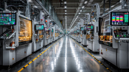 A spacious industrial factory featuring an extensive production line equipped with advanced machinery and technology to optimize workflow and efficiency.の素材