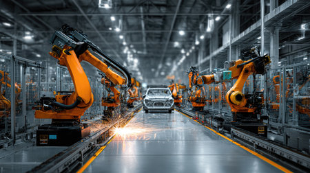A vibrant scene of an automotive factory showcasing advanced robotic arms at work on an assembly line. Sparks fly as robots efficiently assemble vehicles, highlighting the future of manufacturing technology.の素材