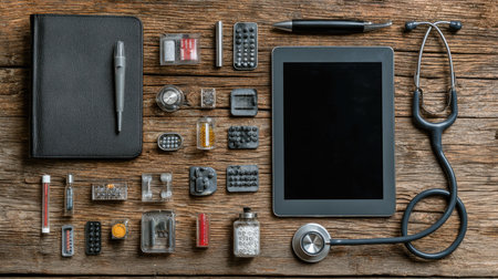 A collection of medical tools arranged on a rustic wooden table, featuring a tablet, notepad, pen, stethoscope, and various medicine blisters for healthcare professionals.の素材