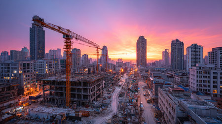 A stunning view of a construction site at sunset, showcasing cranes and a vibrant urban skyline as buildings rise against a colorful sky.の素材