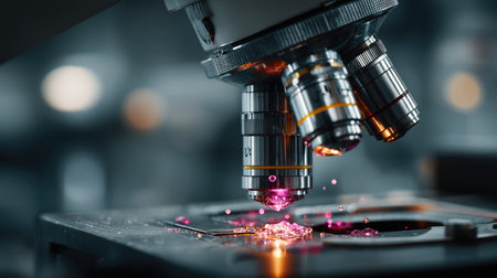 A detailed view of a laboratory microscope showcasing vibrant color slides and focused lenses, highlighting the intricate work of scientific research.の素材