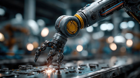 A close-up image of a robotic arm performing precision tasks in a high-tech factory environment, showcasing advanced manufacturing technology and innovation.の素材