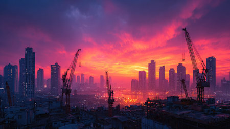 Captivating city skyline during sunset featuring construction cranes silhouetted against a colorful sky. An atmosphere of urban development and growth.の素材