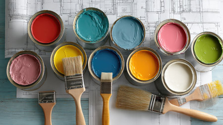 A collection of vibrant paint cans and brushes arranged on a blueprint background, ideal for home renovation, artistic projects, and creative inspiration.の素材