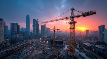 A dynamic urban construction site with towering cranes against a vibrant sunset. The scene captures the energy of modern development in a bustling city.の素材