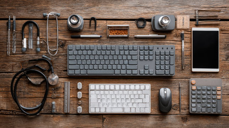 A flat lay composition showcasing a modern workspace filled with essential computer accessories and stationery, ideal for creative or professional settings.の素材