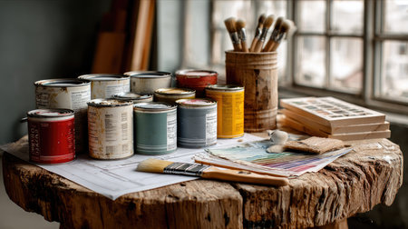 A rustic wooden table displays an array of colorful paint cans, brushes, and design materials in an inspiring studio setting, perfect for artists.の素材