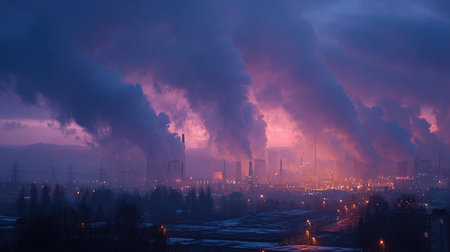 A dramatic industrial scene showcasing factories emitting thick smoke against a stunning twilight sky, highlighting issues related to air quality and pollution.の素材