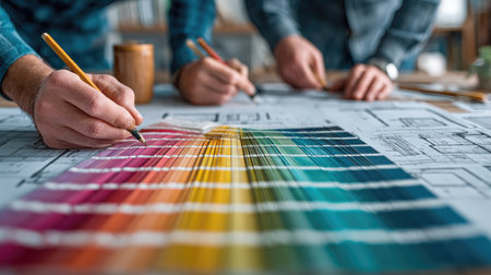 Two professionals engage in a collaborative design process, examining colorful swatches alongside blueprints on a workspace table, embodying creativity and teamwork.の素材