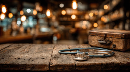 A stethoscope rests on a rustic wooden table next to a vintage suitcase, surrounded by a softly illuminated cafe ambiance, inviting calm and focus.の素材