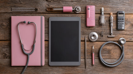 A flat lay arrangement showcasing medical equipment and technology, including a stethoscope, tablet, and various pink instruments on a rustic wooden surface.の素材