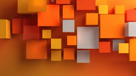 This abstract image features a playful arrangement of colorful geometric shapes in vibrant orange and yellow tones, creating a modern and dynamic visual experience.の素材