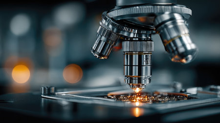 This image features an advanced microscope focusing on a scientific sample illuminated by bright light, showcasing cutting-edge research technology in a lab environment.の素材
